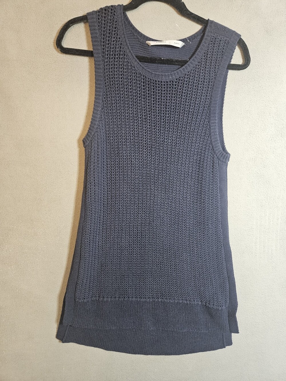 Athleta Amity Sweater Vest Navy Blue Womens L Tunic Crew Eyelets Sleeveless